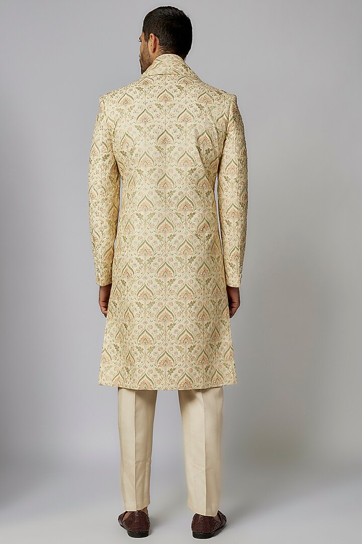 Lemon Yellow & Green Moonga Silk Embroidered Wedding Sherwani Set by PARV DESIGN STUDIO at Pernia's Pop Up Shop