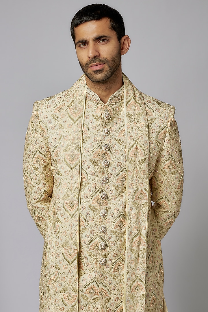 Lemon Yellow & Green Moonga Silk Embroidered Wedding Sherwani Set by PARV DESIGN STUDIO at Pernia's Pop Up Shop