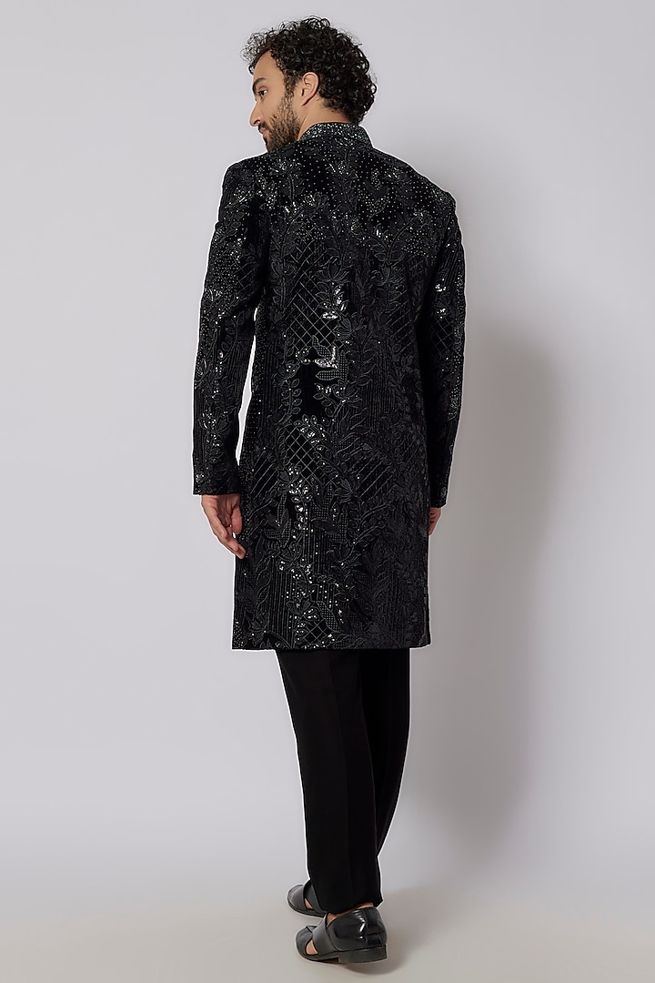Black Textured Velvet Floral Embroidered Wedding Indowestern Set by PARV DESIGN STUDIO at Pernia's Pop Up Shop