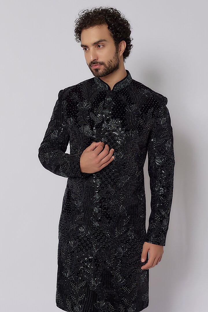 Black Textured Velvet Floral Embroidered Wedding Indowestern Set by PARV DESIGN STUDIO at Pernia's Pop Up Shop