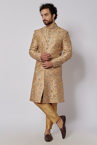Gold & Grey Moonga Silk Jacquard Cutdana Embroidered Sherwani Set by PARV DESIGN STUDIO
