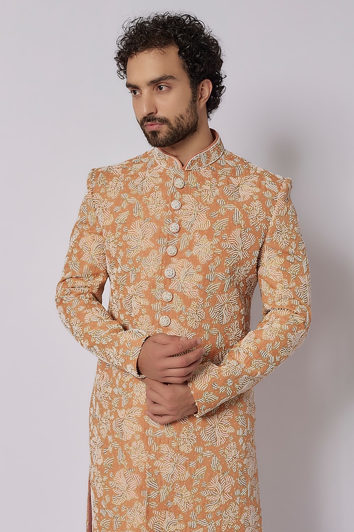 Burnt Orange Pure Organza Silk Moti Embroidered Wedding Sherwani Set by PARV DESIGN STUDIO at Pernia's Pop Up Shop