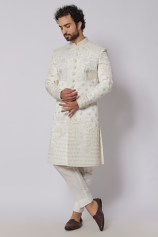 Ash Silver Viscose Polyester Blend Pearl Embroidered Sherwani Set by PARV DESIGN STUDIO