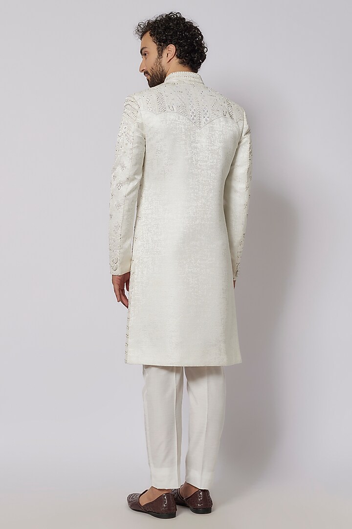 Ash Silver Viscose Polyester Blend Pearl Embroidered Wedding Sherwani Set by PARV DESIGN STUDIO at Pernia's Pop Up Shop