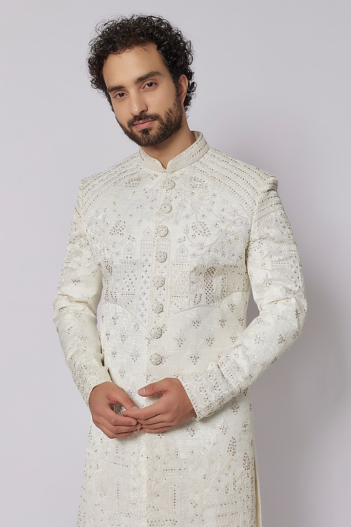 Ash Silver Viscose Polyester Blend Pearl Embroidered Wedding Sherwani Set by PARV DESIGN STUDIO at Pernia's Pop Up Shop