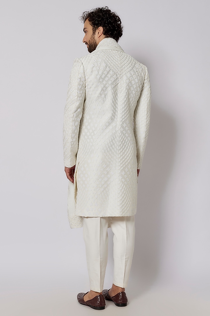 Vanilla Viscose Silk Blend Hand Embroidered Wedding Sherwani Set by PARV DESIGN STUDIO at Pernia's Pop Up Shop