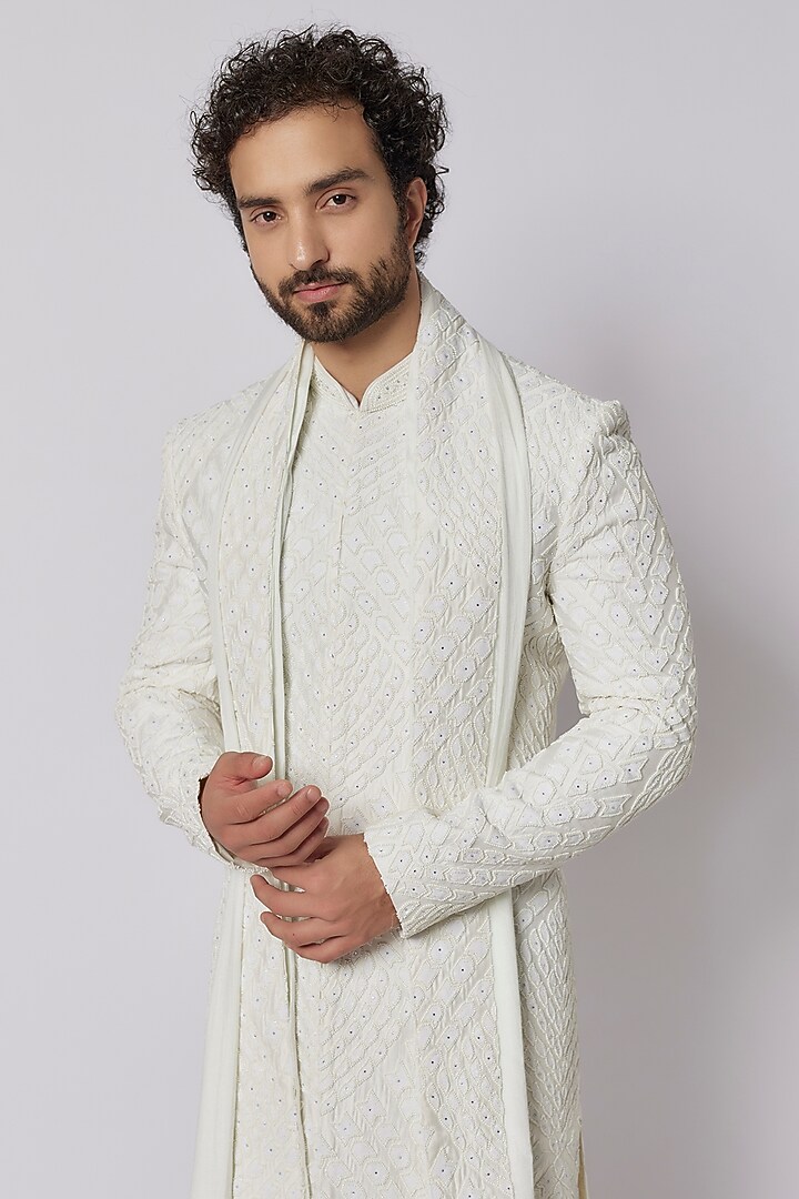 Vanilla Viscose Silk Blend Hand Embroidered Wedding Sherwani Set by PARV DESIGN STUDIO at Pernia's Pop Up Shop