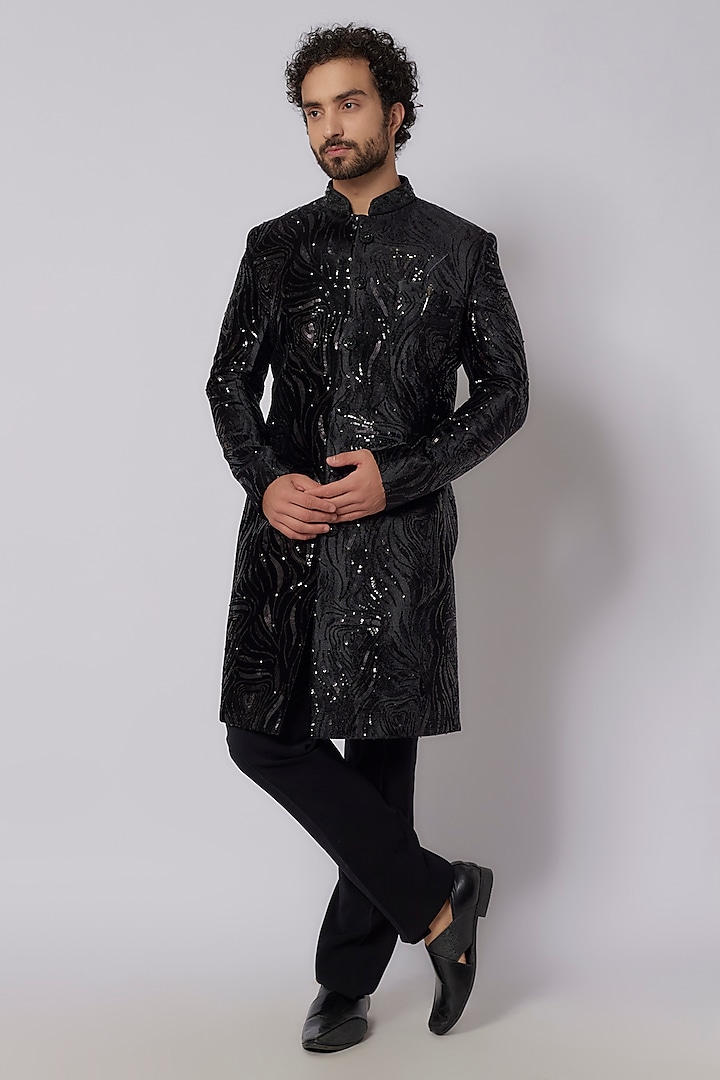 Black Knitted Velvet Sequins Embroidered Indowestern Set by PARV DESIGN STUDIO