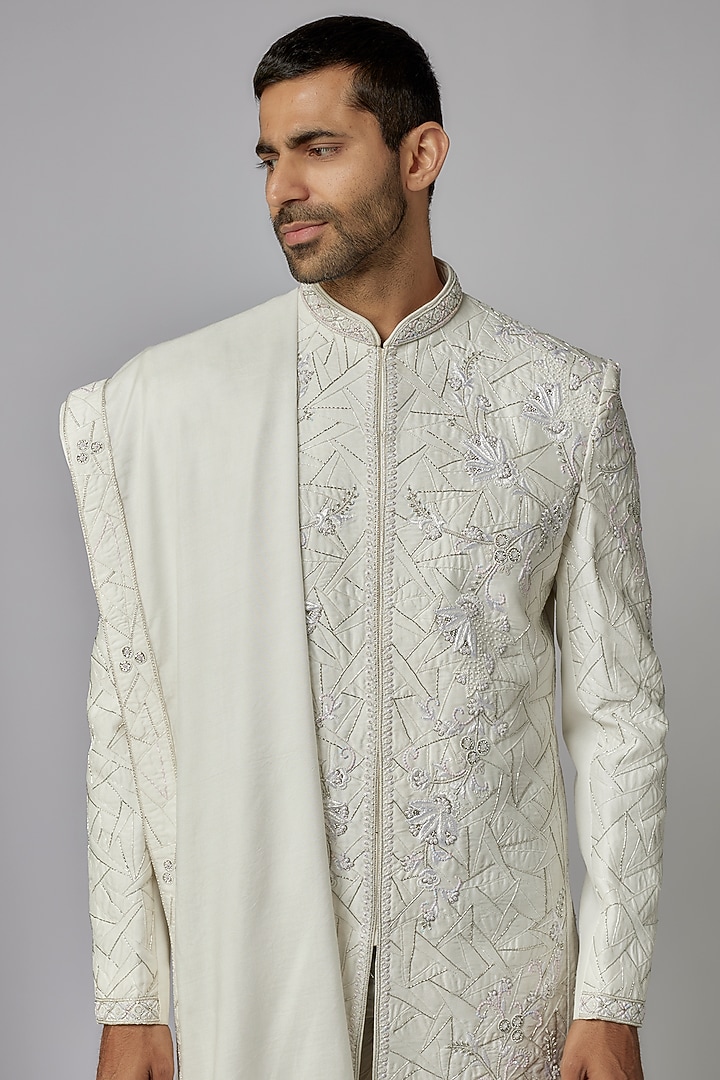 Off-White Raw Silk Embroidered Groom Sherwani Set by PARV DESIGN STUDIO at Pernia's Pop Up Shop
