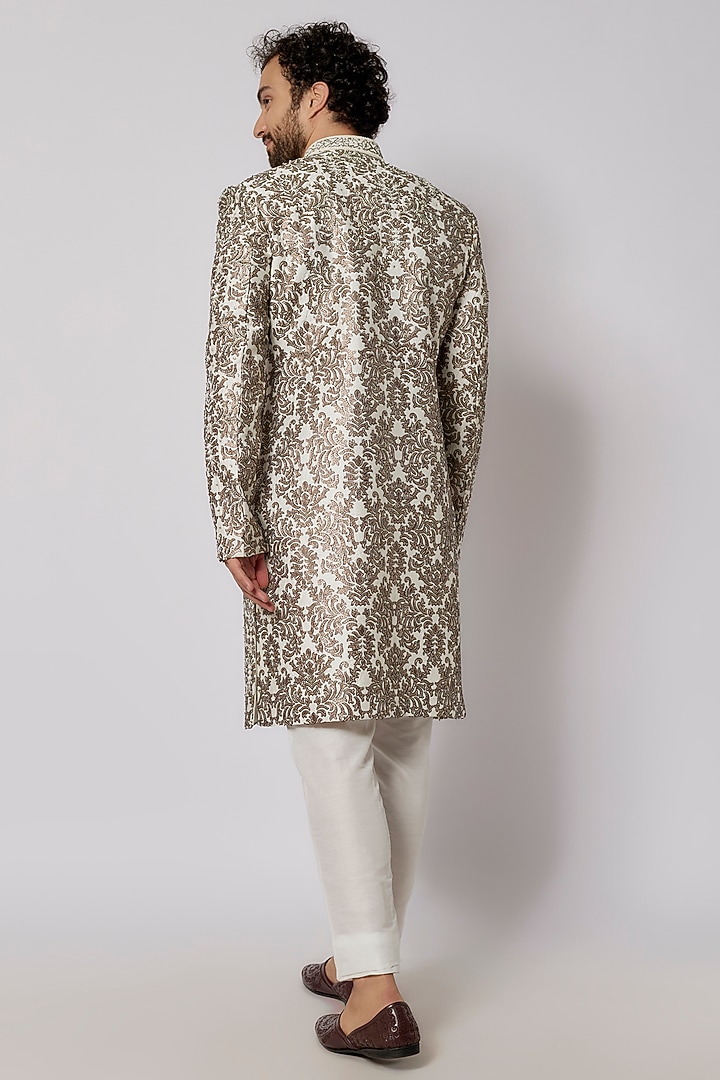 Ivory Matka Silk Thread Embroidered Wedding Sherwani Set by PARV DESIGN STUDIO at Pernia's Pop Up Shop