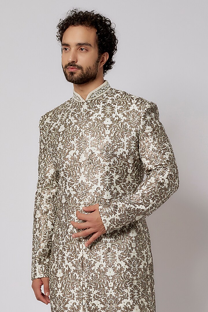 Ivory Matka Silk Thread Embroidered Wedding Sherwani Set by PARV DESIGN STUDIO at Pernia's Pop Up Shop