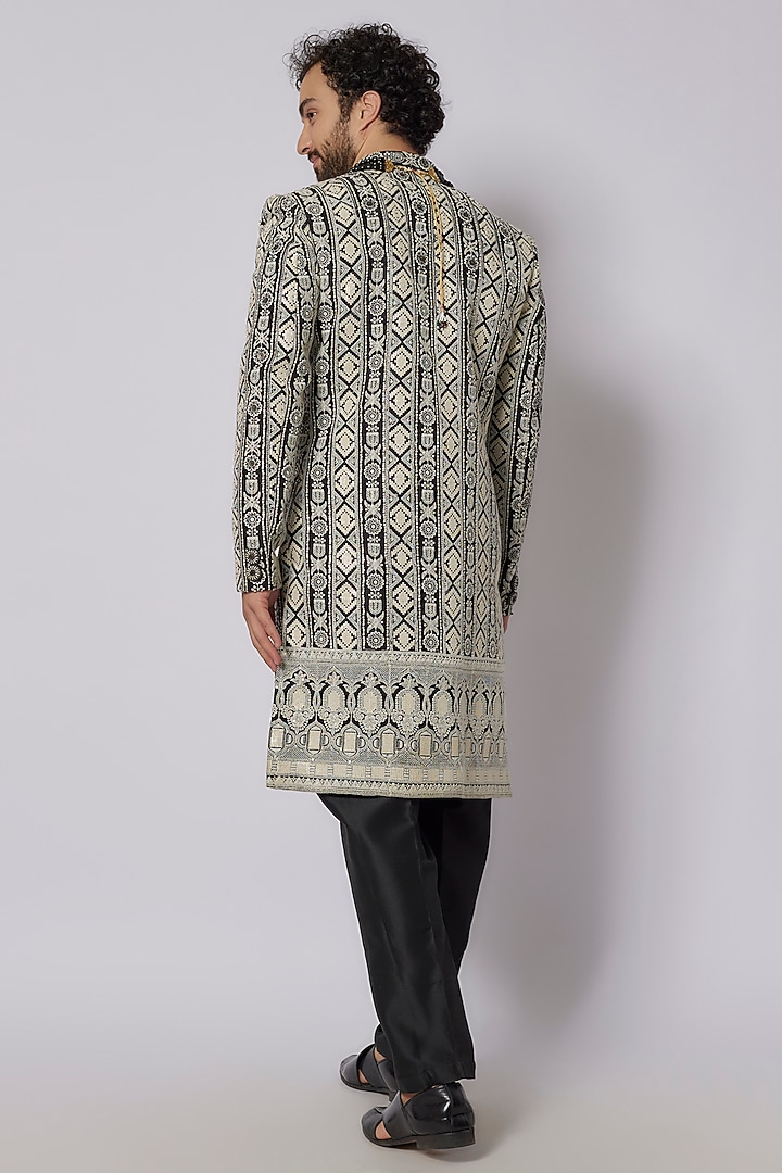 Black Lucknowi Embroidered Wedding Sherwani Set by PARV DESIGN STUDIO at Pernia's Pop Up Shop