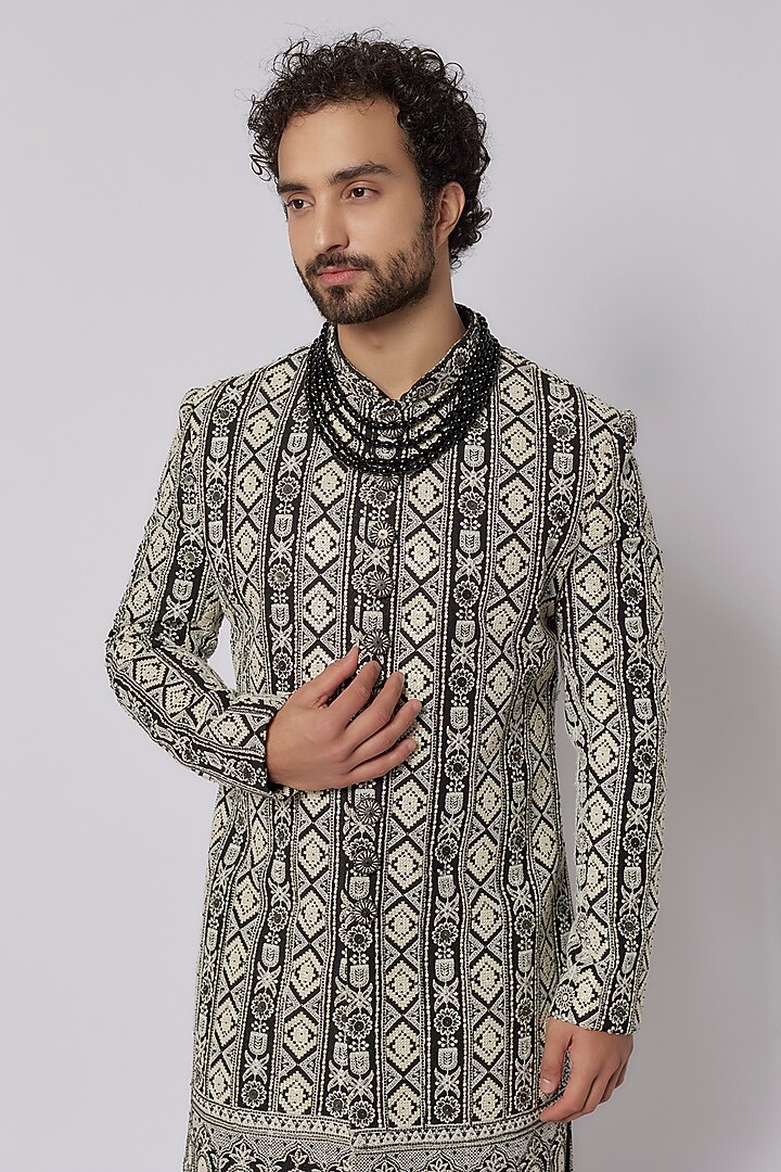 Black Lucknowi Embroidered Wedding Sherwani Set by PARV DESIGN STUDIO at Pernia's Pop Up Shop