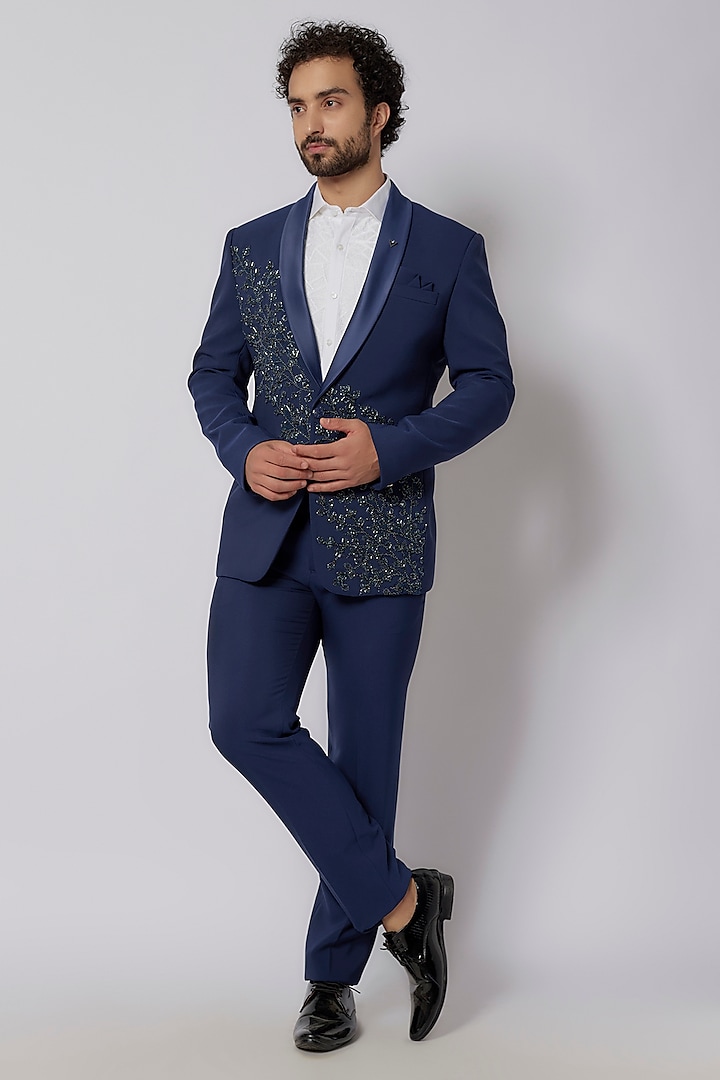 Imperial Blue Japanese Poly Viscose Blend Hand Embroidered Tuxedo Set by PARV DESIGN STUDIO