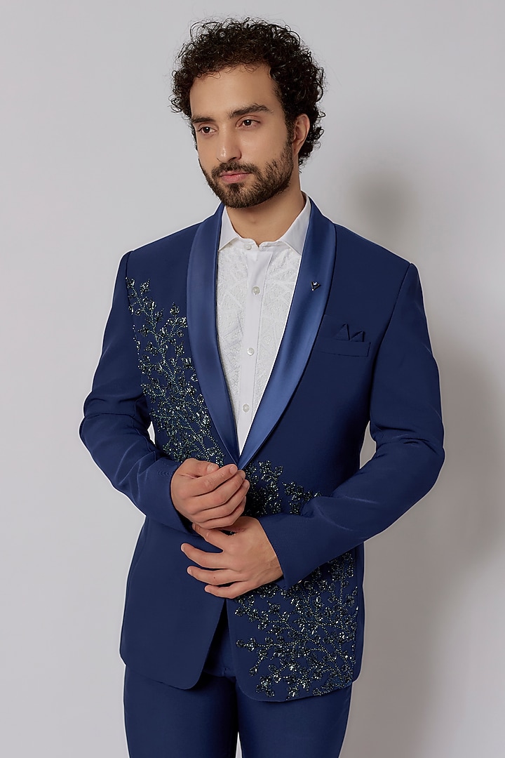 Imperial Blue Japanese Poly Viscose Blend Hand Embroidered Tuxedo Set by PARV DESIGN STUDIO at Pernia's Pop Up Shop