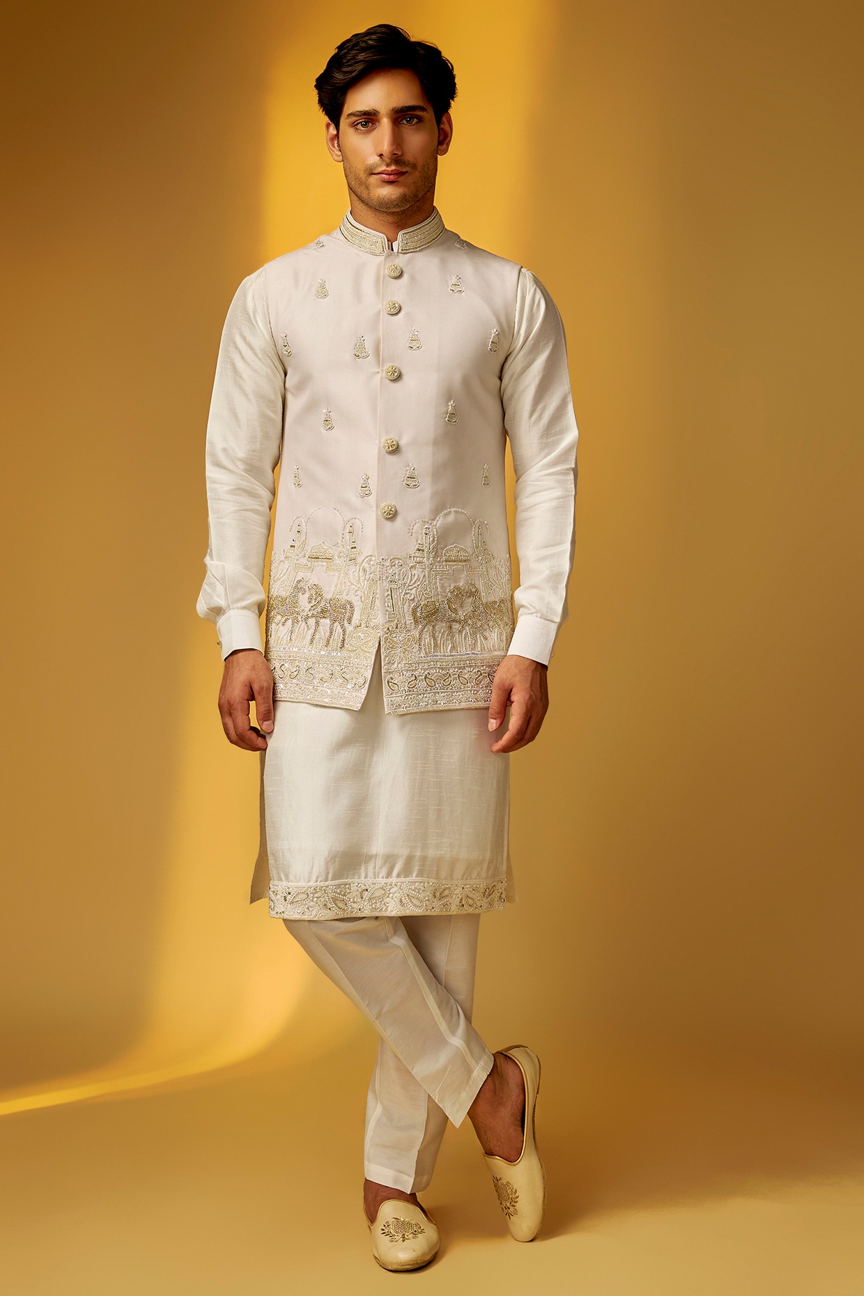 PARV DESIGN STUDIO Ivory Chanderi Silk Embroidered Nehru Jacket Set