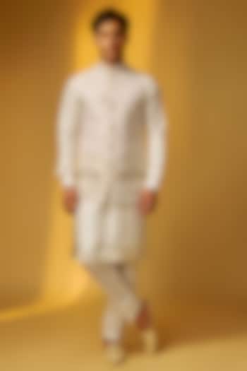 Ivory Chanderi Silk Embroidered Nehru Jacket Set by PARV DESIGN STUDIO at Pernia's Pop Up Shop