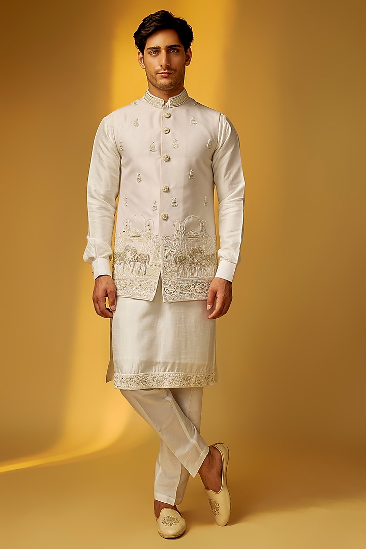 Ivory Chanderi Silk Embroidered Nehru Jacket Set by PARV DESIGN STUDIO at Pernia's Pop Up Shop