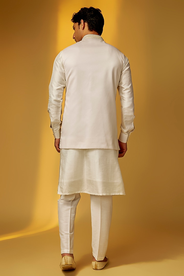 Ivory Chanderi Silk Embroidered Nehru Jacket Set by PARV DESIGN STUDIO at Pernia's Pop Up Shop