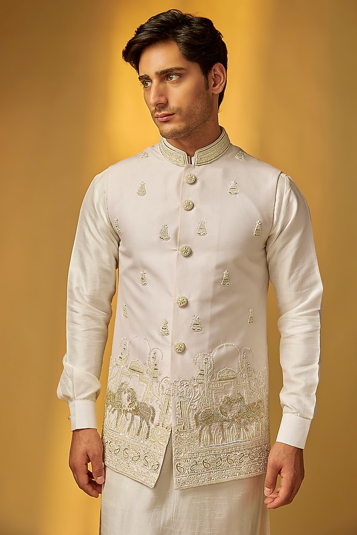 Ivory Chanderi Silk Embroidered Nehru Jacket Set by PARV DESIGN STUDIO at Pernia's Pop Up Shop
