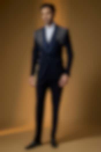 Deep Navy Suiting Embroidered Tuxedo Set by PARV DESIGN STUDIO at Pernia's Pop Up Shop