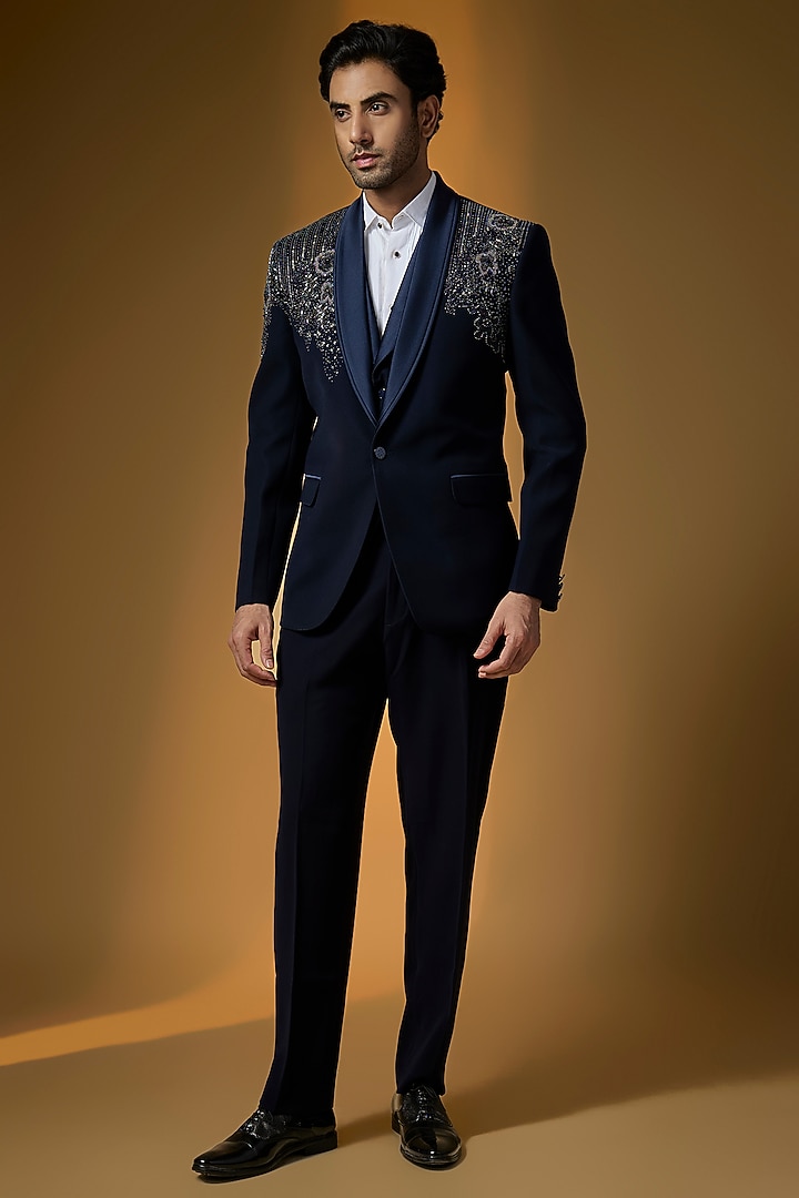 Deep Navy Suiting Embroidered Tuxedo Set by PARV DESIGN STUDIO at Pernia's Pop Up Shop