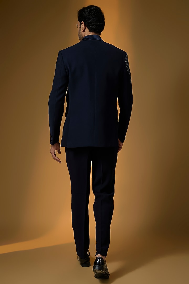 Deep Navy Suiting Embroidered Tuxedo Set by PARV DESIGN STUDIO at Pernia's Pop Up Shop