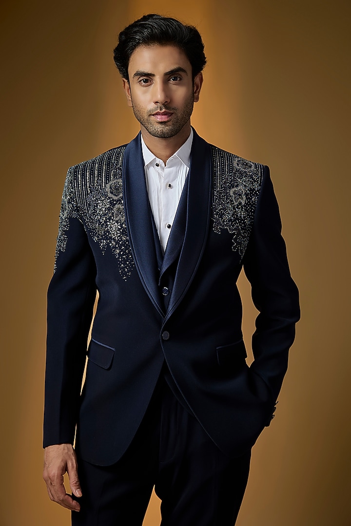 Deep Navy Suiting Embroidered Tuxedo Set by PARV DESIGN STUDIO at Pernia's Pop Up Shop