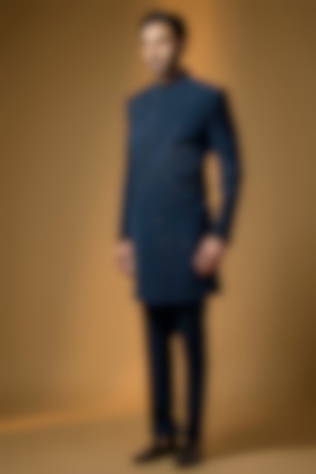 Teal Blue Suiting Cutdana & Bead Embroidered Wedding Indowestern Set by PARV DESIGN STUDIO at Pernia's Pop Up Shop