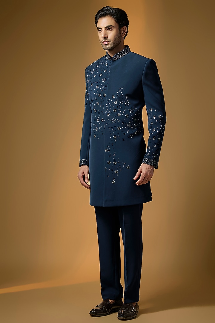 Teal Blue Suiting Cutdana & Bead Embroidered Wedding Indowestern Set by PARV DESIGN STUDIO at Pernia's Pop Up Shop