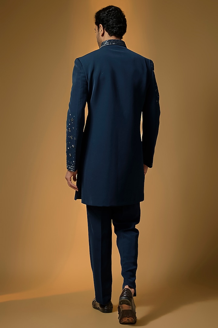 Teal Blue Suiting Cutdana & Bead Embroidered Wedding Indowestern Set by PARV DESIGN STUDIO at Pernia's Pop Up Shop