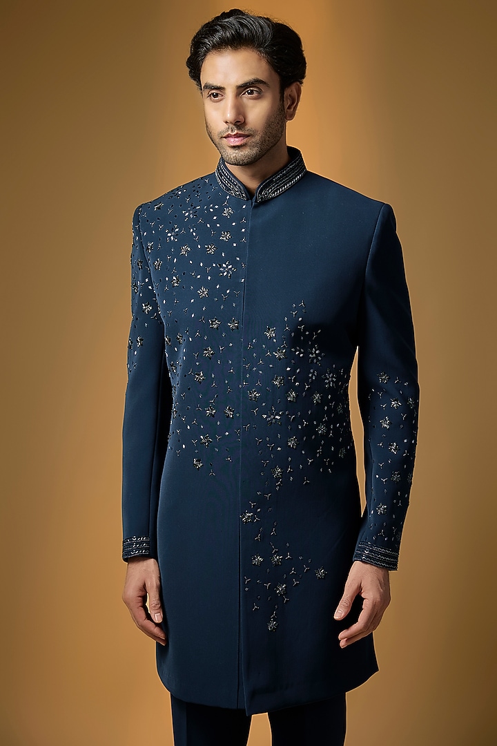 Teal Blue Suiting Cutdana & Bead Embroidered Wedding Indowestern Set by PARV DESIGN STUDIO at Pernia's Pop Up Shop