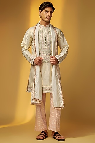 Silver Shimmer Tissue Embroidered Short Kurta Set by PARV DESIGN STUDIO