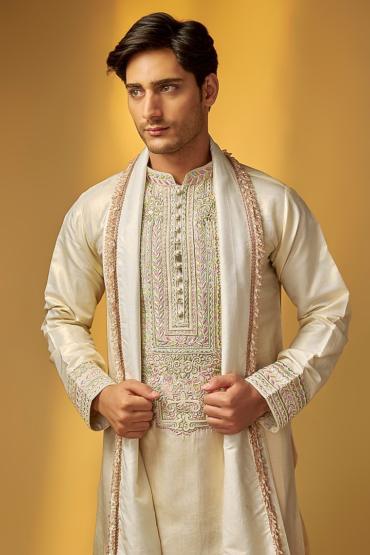 Silver Shimmer Tissue Embroidered Short Kurta Set by PARV DESIGN STUDIO at Pernia's Pop Up Shop