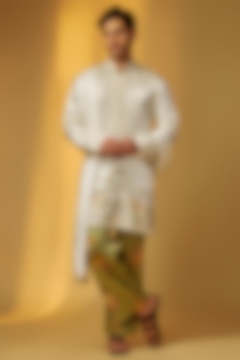 Ivory Linen Satin Embroidered Short Kurta Set by PARV DESIGN STUDIO at Pernia's Pop Up Shop