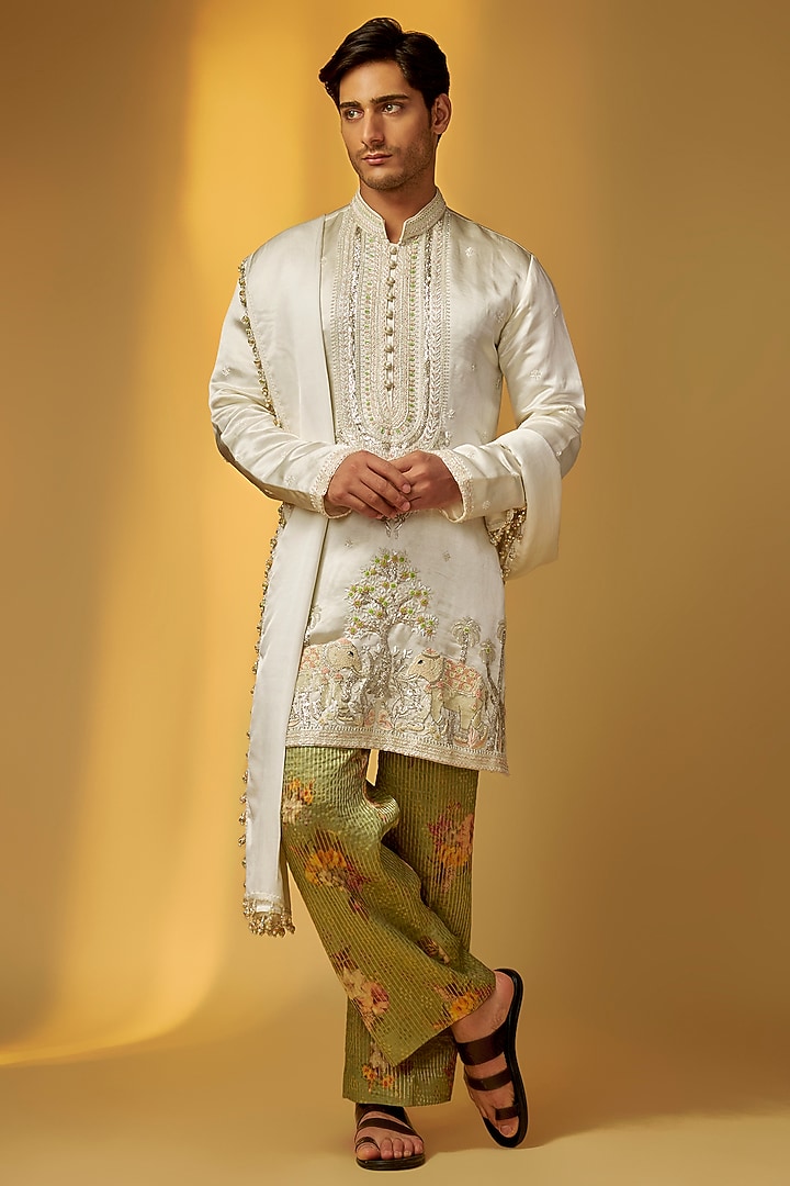 Ivory Linen Satin Embroidered Short Kurta Set by PARV DESIGN STUDIO at Pernia's Pop Up Shop