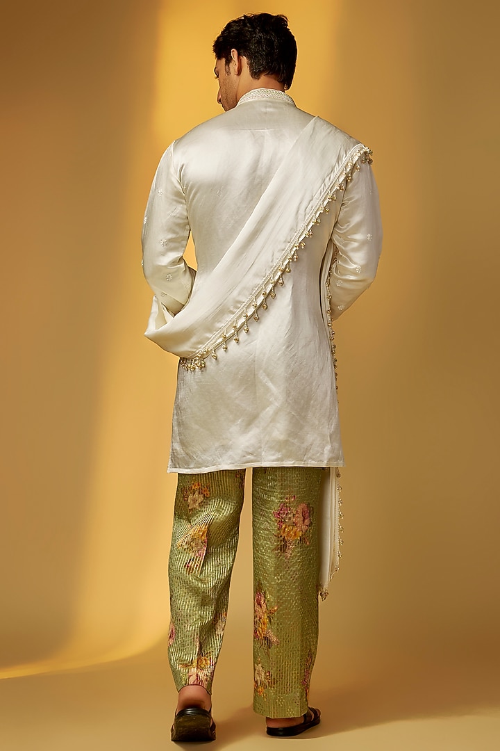 Ivory Linen Satin Embroidered Short Kurta Set by PARV DESIGN STUDIO at Pernia's Pop Up Shop