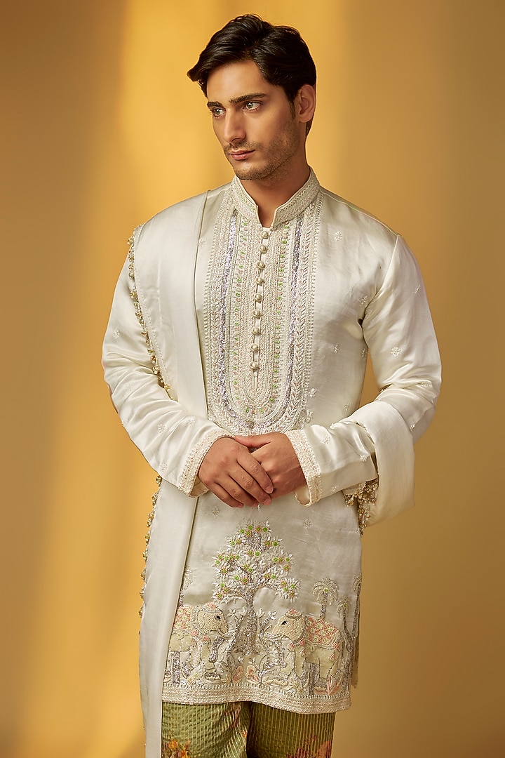 Ivory Linen Satin Embroidered Short Kurta Set by PARV DESIGN STUDIO at Pernia's Pop Up Shop