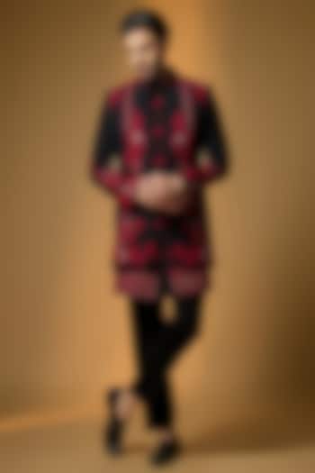 Black Suiting Dori Embroidered Textured Wedding Indowestern Set by PARV DESIGN STUDIO at Pernia's Pop Up Shop