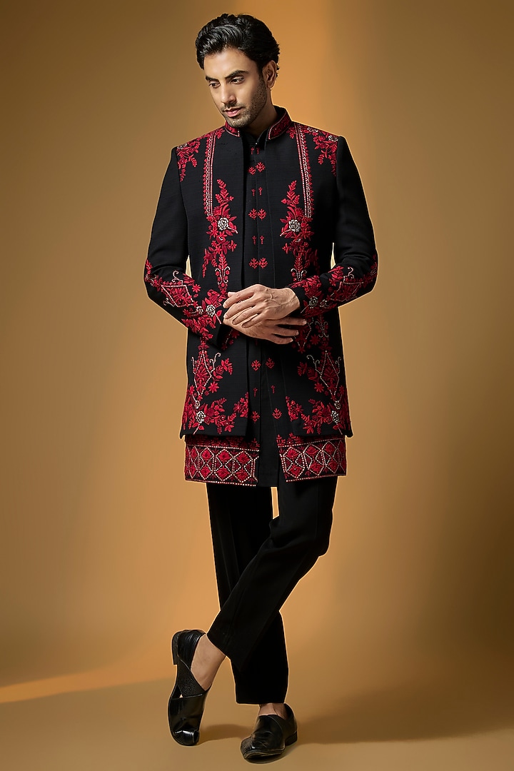 Black Suiting Dori Embroidered Textured Wedding Indowestern Set by PARV DESIGN STUDIO at Pernia's Pop Up Shop