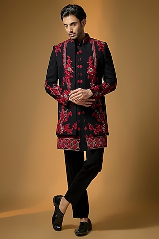Black Suiting Dori Embroidered Textured Indowestern Set by PARV DESIGN STUDIO