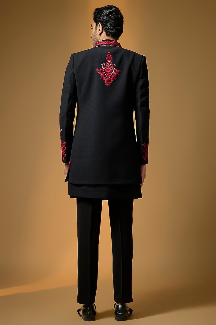 Black Suiting Dori Embroidered Textured Wedding Indowestern Set by PARV DESIGN STUDIO at Pernia's Pop Up Shop