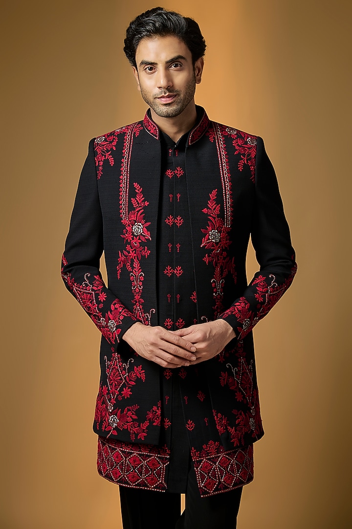 Black Suiting Dori Embroidered Textured Wedding Indowestern Set by PARV DESIGN STUDIO at Pernia's Pop Up Shop