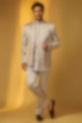 Beige Grey Italian Crepe Embroidered Wedding Bandhgala Set by PARV DESIGN STUDIO at Pernia's Pop Up Shop