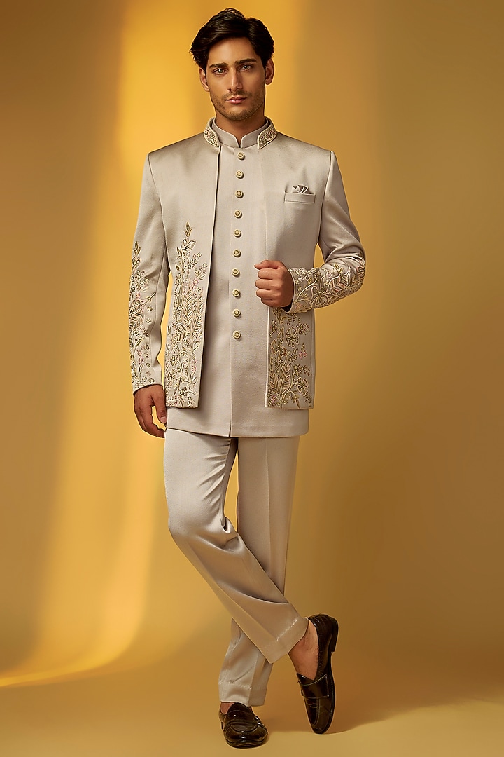 Beige Grey Italian Crepe Embroidered Wedding Bandhgala Set by PARV DESIGN STUDIO at Pernia's Pop Up Shop