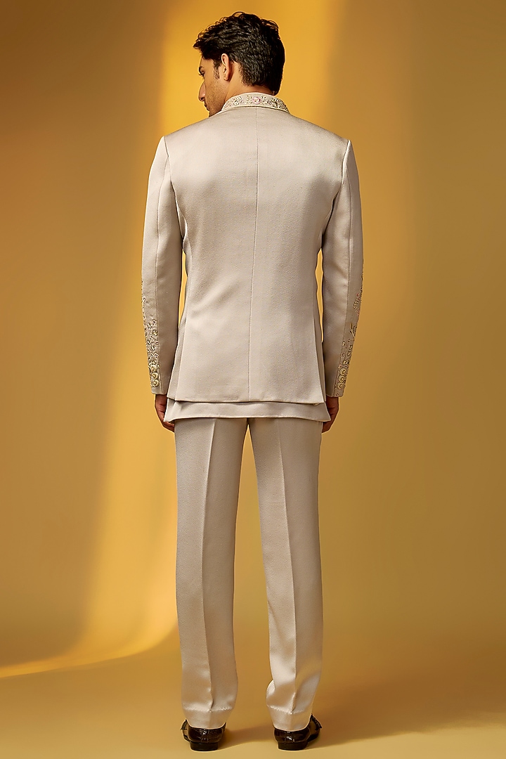 Beige Grey Italian Crepe Embroidered Wedding Bandhgala Set by PARV DESIGN STUDIO at Pernia's Pop Up Shop