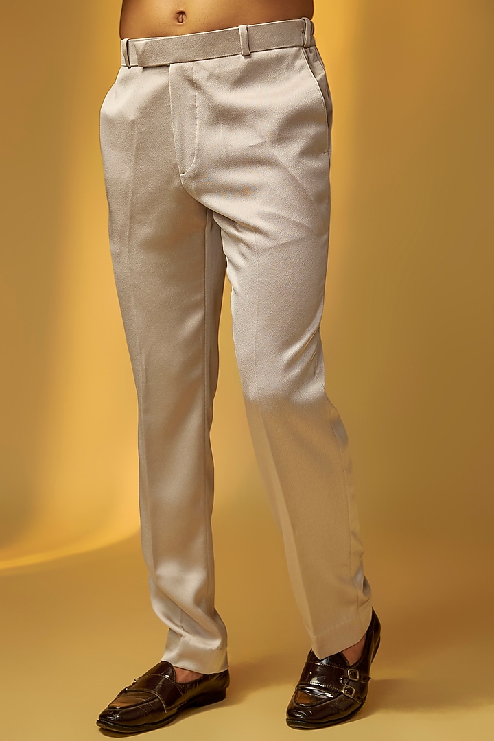 Beige Grey Italian Crepe Embroidered Wedding Bandhgala Set by PARV DESIGN STUDIO at Pernia's Pop Up Shop