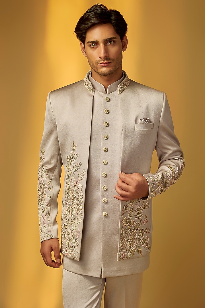 Beige Grey Italian Crepe Embroidered Wedding Bandhgala Set by PARV DESIGN STUDIO at Pernia's Pop Up Shop