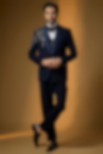 Deep Navy Suiting Embroidered Tuxedo Set by PARV DESIGN STUDIO at Pernia's Pop Up Shop