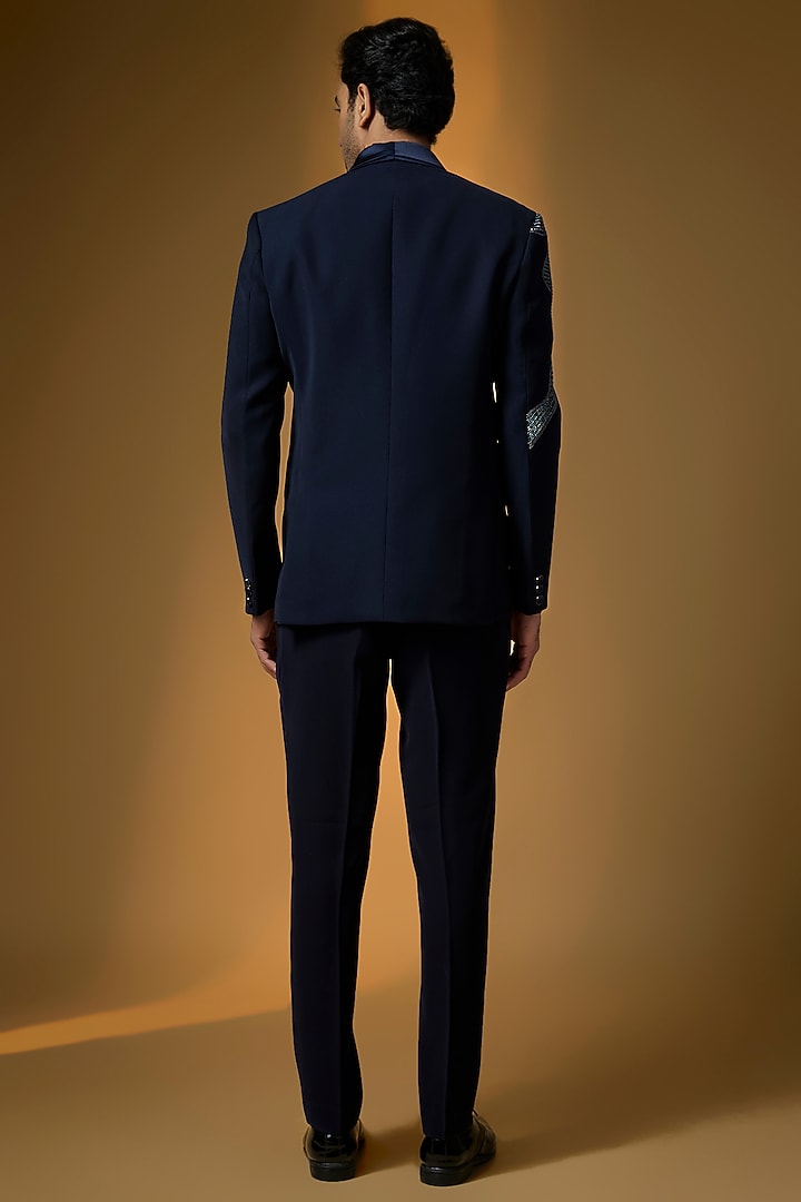 Deep Navy Suiting Embroidered Tuxedo Set by PARV DESIGN STUDIO at Pernia's Pop Up Shop